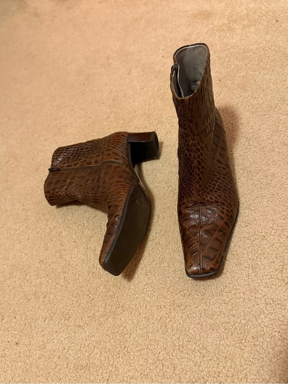 Peter Kaiser Brown Croc Embossed Leather Ankle Boots Side Zip